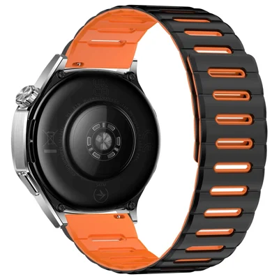 20mm Armband für Samsung Galaxy Watch7 44mm / 40mm / Watch6 Classic 43mm / 47mm atmungsaktives, magnetisches Silikonarmband in Macaron-Optik – Schwarz+Orange
