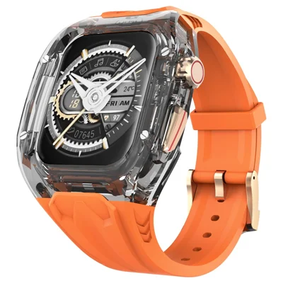 AHASTYLE WE28 Strap for Apple Watch Series 9 8 7 41mm  /  SE3 SE2 SE 6 5 4 40mm Silicone Band with Integrated Watch Case - Orange+Transparent Black