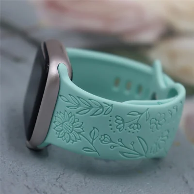 Silicone Strap For Apple Watch Series 12 11 10 42mm / 9 8 7 41mm / SE3 SE2 SE 6 5 4 40mm / 3 2 1 38mm Sunflower Embossed Adjustable Watch Band - Sea Green