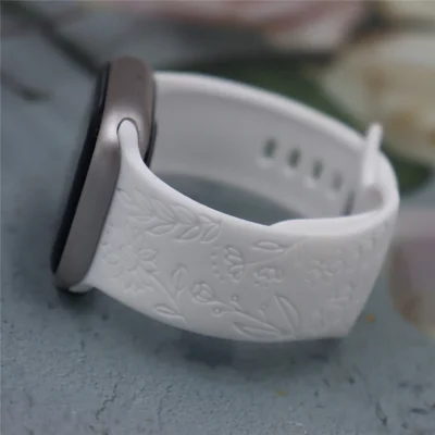 Silicone Strap For Apple Watch Ultra 4 3 2 1 49mm / Series 12 11 10 46mm / 9 8 7 45mm / SE3 SE2 SE 6 5 4 44mm / 3 2 1 42mm Sunflower Embossed Adjustable Watch Band - White