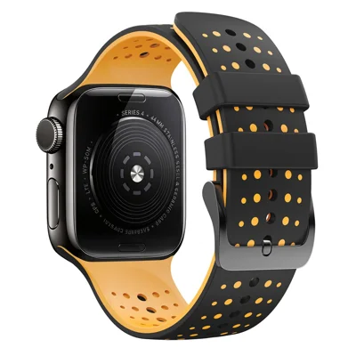 Sport Silicone Band for for Apple Watch Ultra 4 3 2 1 49mm / Series 12 11 10 46mm / 9 8 7 45mm / SE3 SE2 SE 6 5 4 44mm / 3 2 1 42mm Dual Color Breathable Watch Strap - Black+Yellow