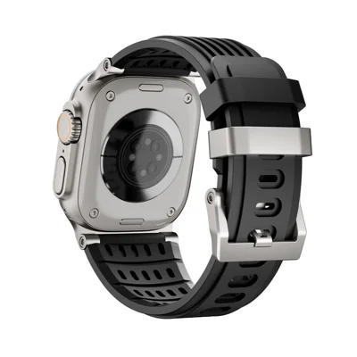 Strap for Apple Watch Ultra 4 3 2 1 49mm / Series 12 11 10 46mm / 9 8 7 45mm / SE3 SE2 SE 6 5 4 44mm / 3 2 1 42mm Silicone Band with Double Stainless Steel Buckle - Titanium Buckle / Black