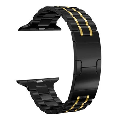 Metal Strap for Apple Watch Series 12 11 10 42mm / 9 8 7 41mm / SE3 SE2 SE 6 5 4 40mm / 3 2 1 38mm Electroplated Replacement Five-Bead Stainless Steel Band - Black / Gold