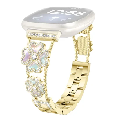 For Fitbit Versa 3 / Sense Metal Strap Heart Clover Rhinestone Decor Watch Band - Gold / Colorful