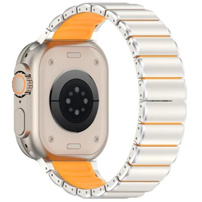 Strap for Apple Watch Ultra 4 3 2 1 49mm / Series 12 11 10 46mm / 9 8 7 45mm / SE3 SE2 SE 6 5 4 44mm / 3 2 1 42mm Titanium Alloy + Rubber Band with Foldable Buckle - Titanium+Orange
