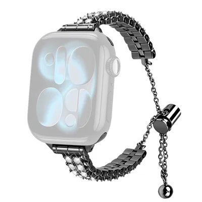 Metallarmband für Apple Watch Series 11 10 42 mm / 9 8 7 41 mm / SE3 SE2 SE 6 5 4 40 mm / 3 2 1 38 mm, Strassdekor, verstellbares Kettendesign - Schwarz