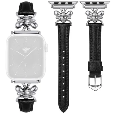 Watch Band for Apple Watch Series 12 11 10 42mm / 9 8 7 41mm / SE3 SE2 SE 6 5 4 40mm / 3 2 1 38mm Bee Charm Leather Strap - Black
