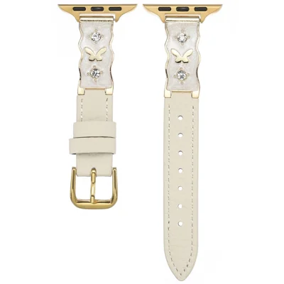 Epoxy-Resin-Band für Apple Watch Series 11 10 42 mm / 9 8 7 41 mm / SE3 SE2 SE 6 5 4 40 mm / 3 2 1 38 mm, Litschi-Struktur, echtes Rindsleder, Armband – Beige / Goldene Schnalle