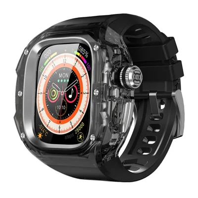 Silicone Strap for Apple Watch Ultra 3 2 1 49mm Sports Watch Band with One-touch Open PC Watch Case - Transparent Black+Steel+Black