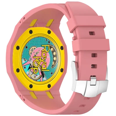 For Swatch Royal Pop Silicone Strap 12 O'Clock Crown Replacement Watch Wristband - Pink / Yellow