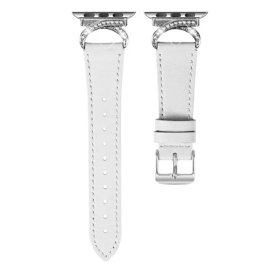 Genuine Cow Leather Strap with Silver Buckle for Apple Watch Series 11 10 42mm / 9 8 7 41mm / SE3 SE2 SE 6 5 4 40mm / 3 2 1 38mm Rhinestone Connector Watch Band - White