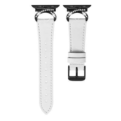 Genuine Cow Leather Strap with Black Buckle for Apple Watch Ultra 4 3 2 1 49mm / Series 12 11 10 46mm / 9 8 7 45mm / SE3 SE2 SE 6 5 4 44mm / 3 2 1 42mm Rhinestone Connector Watch Band - White