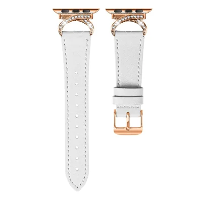 Genuine Cow Leather Strap with Rose Gold Buckle for Apple Watch Ultra 4 3 2 1 49mm / Series 12 11 10 46mm / 9 8 7 45mm / SE3 SE2 SE 6 5 4 44mm / 3 2 1 42mm Rhinestone Connector Watch Band - White
