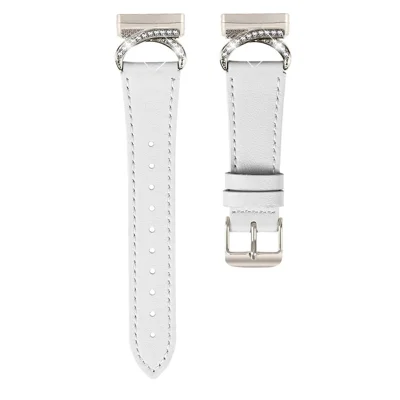 For Fitbit Versa 3 / Sense Strap with Starlight Buckle Rhinestone Connector Genuine Cow Leather Watch Band - White