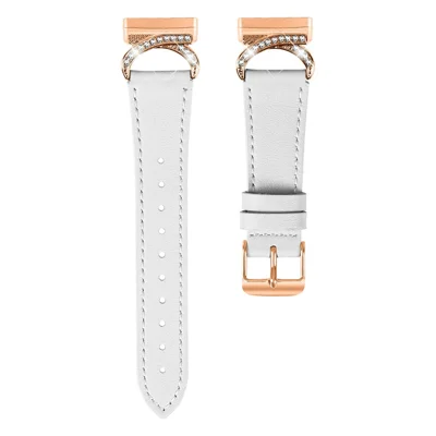 For Fitbit Versa 3 / Sense Strap with Rose Gold Buckle Rhinestone Connector Genuine Cow Leather Watch Band - White
