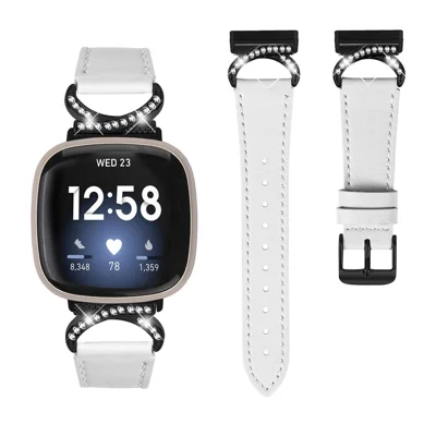 For Fitbit Versa 3 / Sense Strap with Black Buckle Rhinestone Connector Genuine Cow Leather Watch Band - White
