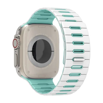 Magnetic Silicone Band for Apple Watch Ultra 4 3 2 1 49mm / Series 12 11 10 46mm / 9 8 7 45mm / SE3 SE2 SE 6 5 4 44mm / 3 2 1 42mm Dual Color Stripe Pattern Sports Strap - White / Teal