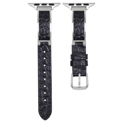 Crocodile Texture Strap for Apple Watch Series 12 11 10 42mm  /  9 8 7 41mm  /  SE3 SE2 SE 6 5 4 40mm  /  3 2 1 38mm Genuine Cow Leather Replacement Band - Black+Silver