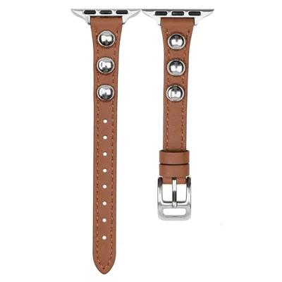 PU Leather Strap for Apple Watch Series 12 11 10 42mm  /  9 8 7 41mm  /  SE3 SE2 SE 6 5 4 40mm  /  3 2 1 38mm Rivet Studded Slim Watch Band - Dark Brown