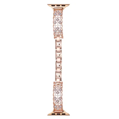 Strap for Apple Watch Series 12 11 10 42mm  /  9 8 7 41mm  /  SE3 SE2 SE 6 5 4 40mm  /  3 2 1 38mm Luxury Copper Bracelet Strap with Faux Pearl Zircon Decor - Rose Gold