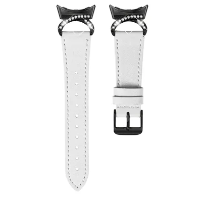 Genuine Cow Leather Strap with Black Buckle for Google Pixel Watch 5 / Watch 4 / Watch 3 / Watch 2 / Watch 41mm , Rhinestone Connector Watch Band - White