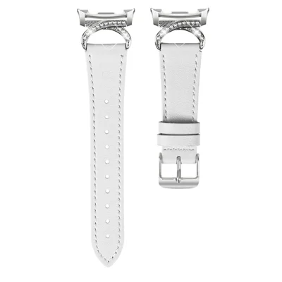 Genuine Cow Leather Strap for Samsung Galaxy Watch9 40mm / 44mm /  Watch8 40mm / Watch8 44mm / Watch8 Classic 46mm , Rhinestone Connector Watch Band with Silver Buckle - White