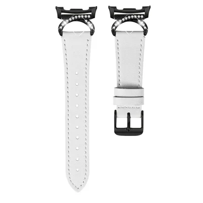 Genuine Cow Leather Strap for Samsung Galaxy Watch9 40mm / 44mm /  Watch8 40mm / Watch8 44mm / Watch8 Classic 46mm , Rhinestone Connector Watch Band with Black Buckle - White