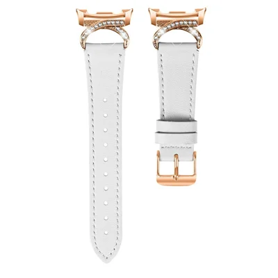 Genuine Cow Leather Strap with Rose Gold Buckle for Samsung Galaxy Watch9 40mm / 44mm /  Watch8 40mm / Watch8 44mm / Watch8 Classic 46mm , Rhinestone Connector Watch Band - White