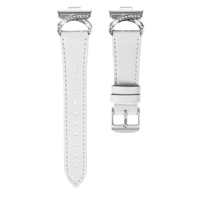 Genuine Cow Leather Strap for Huawei Watch Fit 4 / Fit 4 Pro / Fit 3 , Rhinestone Connector Watch Band with Silver Buckle - White
