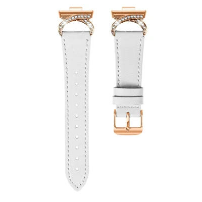 Genuine Cow Leather Strap for Huawei Watch Fit 4 / Fit 4 Pro / Fit 3 Rhinestone Connector Watch Band with Rose Gold Buckle - White