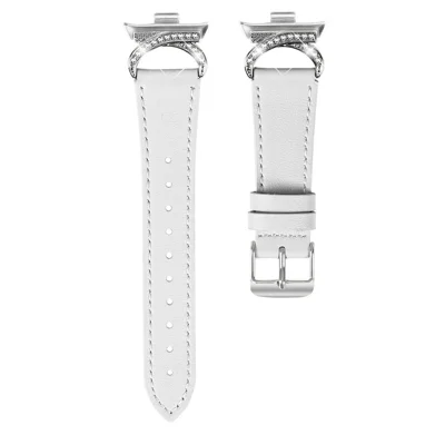 Genuine Cow Leather Strap for Xiaomi Smart Band 9 Pro / 8 Pro / Redmi Watch 4 , Rhinestone Connector Watch Band with Silver Buckle - White