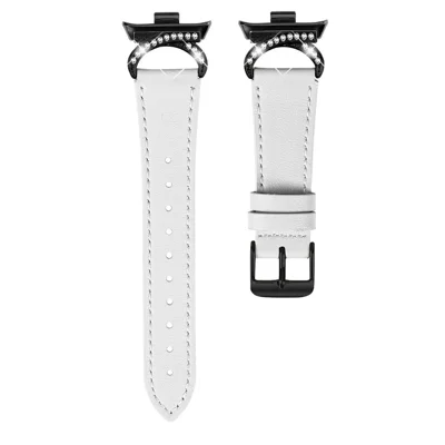 Genuine Cow Leather Strap for Xiaomi Smart Band 9 Pro / 8 Pro / Redmi Watch 4 , Rhinestone Connector Watch Band with Black Buckle - White