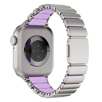 Strap for Apple Watch Series 12 11 10 42mm  /  9 8 7 41mm  /  SE3 SE2 SE 6 5 4 40mm  /  3 2 1 38mm Stainless Steel + Silicone Replacement Band with Magnetic Buckle - Titanium+Purple