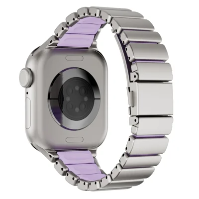 Strap for Apple Watch Series 12 11 10 42mm  /  9 8 7 41mm  /  SE3 SE2 SE 6 5 4 40mm  /  3 2 1 38mm Stainless Steel + Silicone Replacement Band with Fold-over Clasp - Titanium+Purple