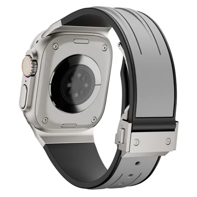 Dual Color Sports Strap for Apple Watch Ultra 4 3 2 1 49mm / Series 12 11 10 46mm / 9 8 7 45mm / SE3 SE2 SE 6 5 4 44mm / 3 2 1 42mm Silicone Band Stainless Steel Folding Clasp - Titanium+Grey