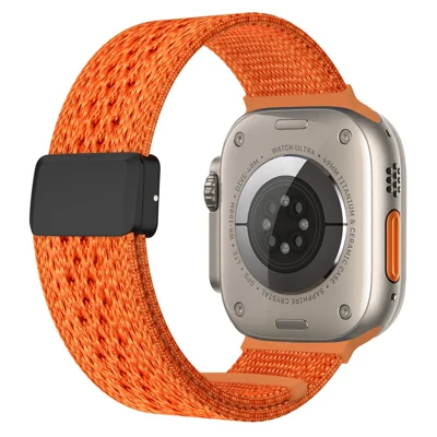Magnetic Nylon Strap for Apple Watch Ultra 4 3 2 1 49mm / Series 12 11 10 46mm / 9 8 7 45mm / SE3 SE2 SE 6 5 4 44mm / 3 2 1 42mm Sports Loop Braided Woven Band - Orange