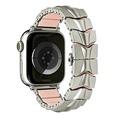 Metal + Silicone Strap for Apple Watch Series 12 11 10 42mm  /  9 8 7 41mm  /  SE3 SE2 SE 6 5 4 40mm  /  3 2 1 38mm Wave-Shaped Link Band Replacement Wristband - Starlight+Pink - Starlight+Pink