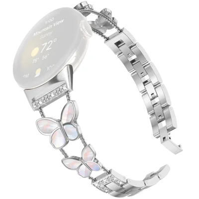Watch Band for Google Pixel Watch 5 / Watch 4 / Watch 3 / Watch 2 / Watch 41mm , Butterfly Rhinestone Decor Metal Chain Wrist Strap - Silver