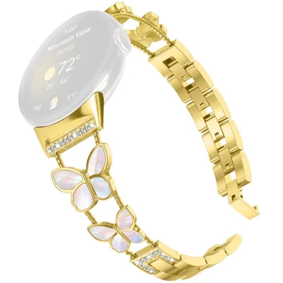 Watch Band for Google Pixel Watch 5 / Watch 4 / Watch 3 / Watch 2 / Watch 41mm , Butterfly Rhinestone Decor Electroplated Alloy Strap - Gold / Colorful Shell