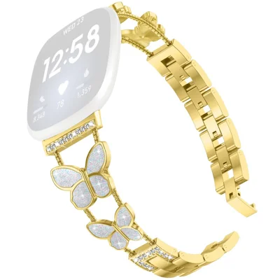 Watch Band for Fitbit Versa 4 / Versa 3 / Sense 2 , Butterfly Rhinestone Decor Electroplated Alloy Strap - Gold / Glitter Shell