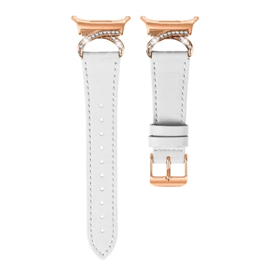 Band till Samsung Galaxy Watch Ultra (2025) 47 mm / Watch Ultra 47 mm med rosegylden spänne och strasskoppling i äkta nötlimskinn - vitt