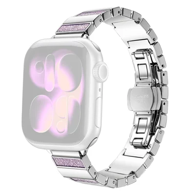 Stainless Steel Strap for Apple Watch Ultra 4 3 2 1 49mm / Series 12 11 10 46mm / 9 8 7 45mm / SE3 SE2 SE 6 5 4 44mm / 3 2 1 42mm Magnetic Folding Buckle Glitter Metal Band - Glitter Pink
