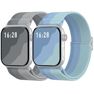 AHASTYLE WE26 2 Stück Sportbänder für Apple Watch Series 11 10 42mm / 9 8 7 41mm / SE3 SE2 SE 6 5 4 40mm / 3 2 1 38mm, mehrfarbiges Nylon-Gewebe, dehnbares, atmungsaktives Armband – Grau+Blau