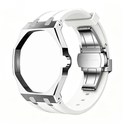 For Swatch Royal Pop Silver Metal Case with Silicone Strap Replacement - Silver Case + White Band / 3 O'Clock Crown