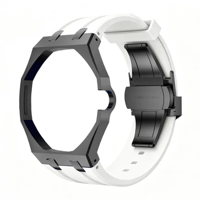 For Swatch Royal Pop Black Metal Case with Silicone Strap Replacement - Black Case + White Band / 3 O'Clock Crown