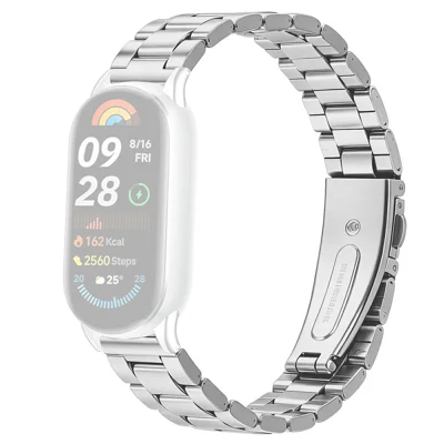Stainless Steel Band for Xiaomi Smart Band 10 / 9 / 8 Three-bead Watch Strap with Folding Clasp - Silver