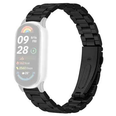 Horlogeband voor Xiaomi Smart Band 10 / 9 / 8 Roestvrijstalen Drie-kralen Band met Voupsluiting - Zwart