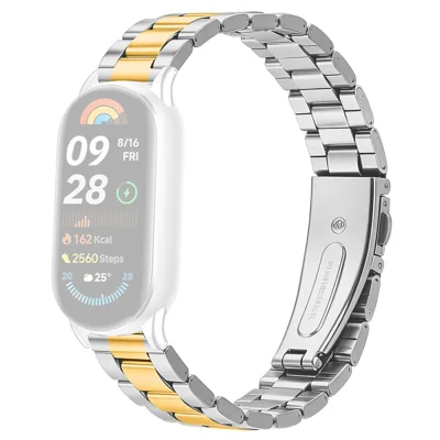 Metal Watch Strap for Xiaomi Smart Band 10 / 9 / 8 Three-bead Stainless Steel Bracelet with Folding Clasp - Silver / Gold