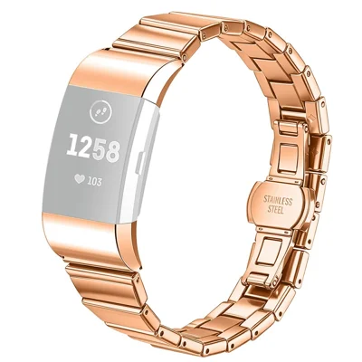 Bracelet pour Fitbit Charge 2, bracelet métallique de rechange en acier inoxydable à maillon unique avec fermoir papillon - Or rose