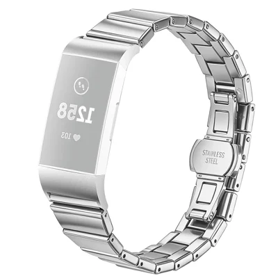 Bracelet pour Fitbit Charge 3, bracelet en acier inoxydable à maillon unique avec fermoir papillon - Argent